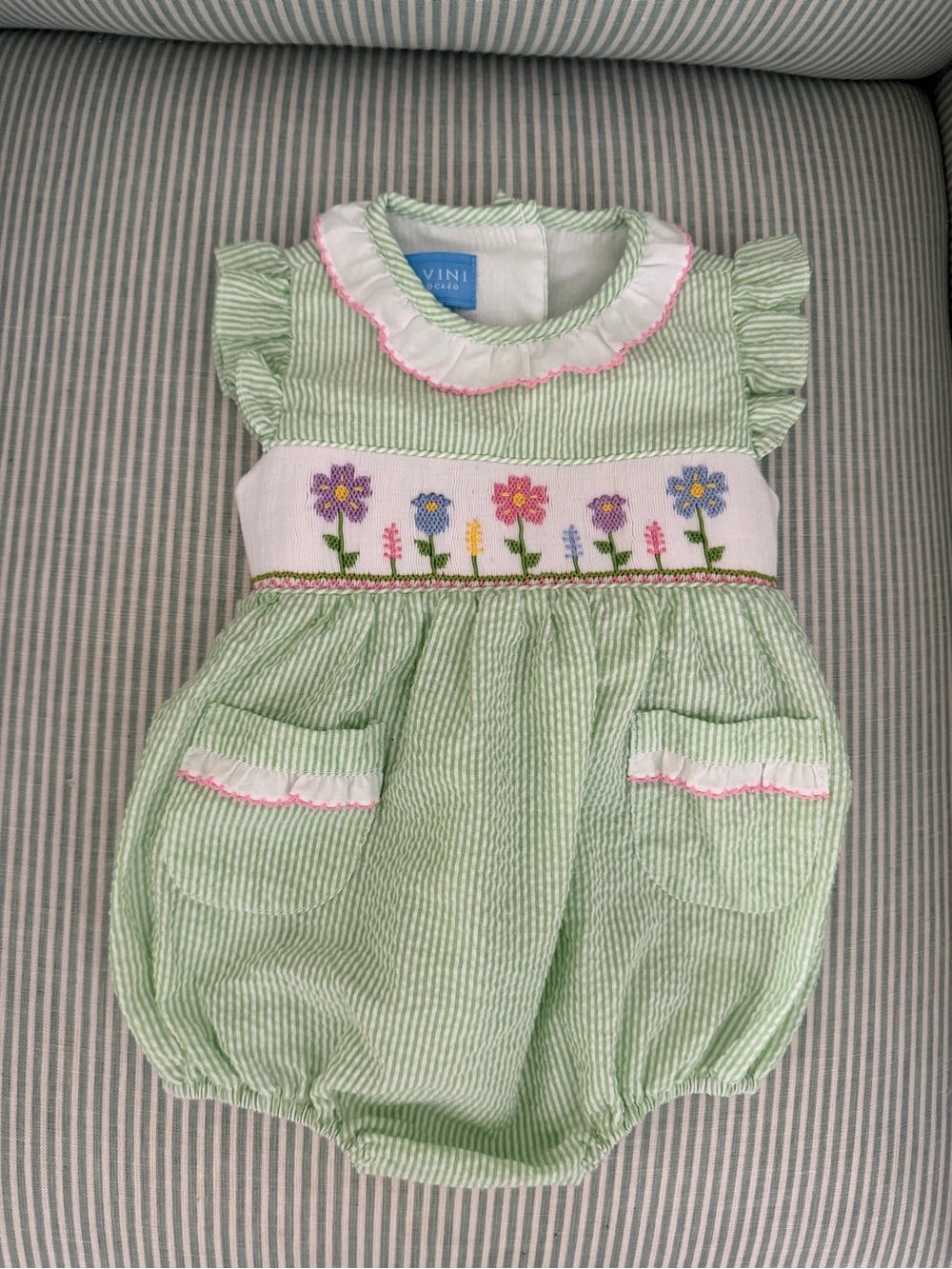 Anavini Baby Green Floral Embroidered Cotton Romper - 9M